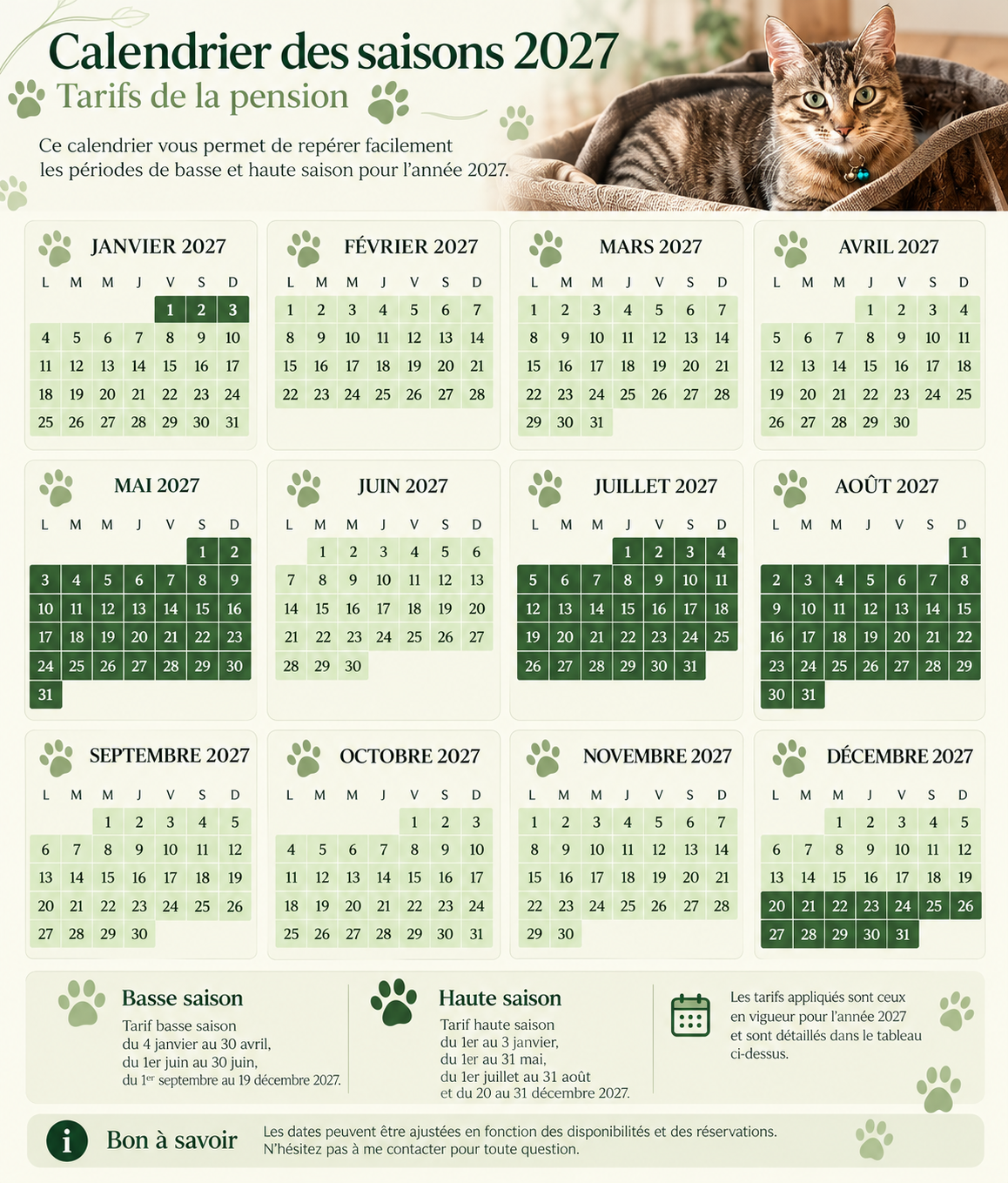 Calendrier des saisons 2027 des Félins de La Colombe avec périodes de basse et haute saison et photo d’un chat